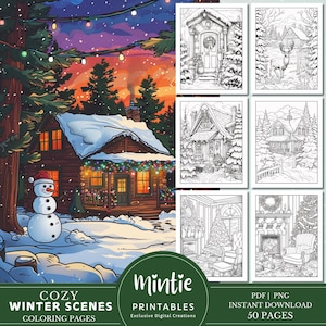 Winter Scene Coloring Pages, Cute Christmas Coloring Book, Winter Coloring, Stress Relief, Printable Adult Coloring, Christmas Activities