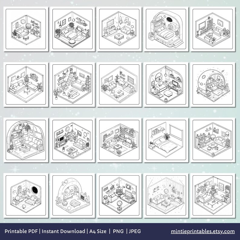 Cute & Comfy Spaces Coloring Book, Cozy Isometric Corner Coloring Pages, Cute Kawaii Pocket Rooms Coloring, Relaxing Activity for Adults