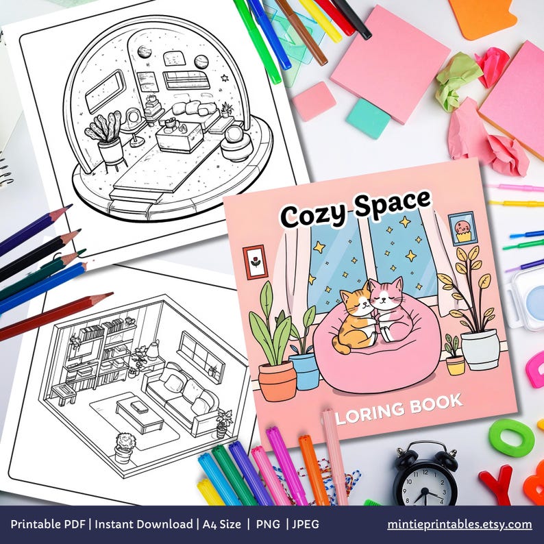 Cute & Comfy Spaces Coloring Book, Cozy Isometric Corner Coloring Pages, Cute Kawaii Pocket Rooms Coloring, Relaxing Activity for Adults