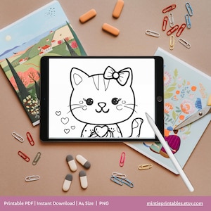 Kawaii Valentines Cat Coloring Pages, Printable Preschool Valentines Day Activities, Toddler Coloring Book, Fun Kids Activity, Cat Coloring