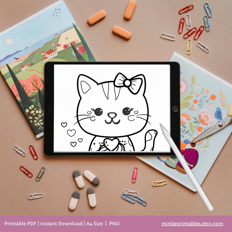 Kawaii Valentines Cat Coloring Pages, Printable Preschool Valentines Day Activities, Toddler Coloring Book, Fun Kids Activity, Cat Coloring