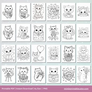 Kawaii Valentines Cat Coloring Pages, Printable Preschool Valentines Day Activities, Toddler Coloring Book, Fun Kids Activity, Cat Coloring