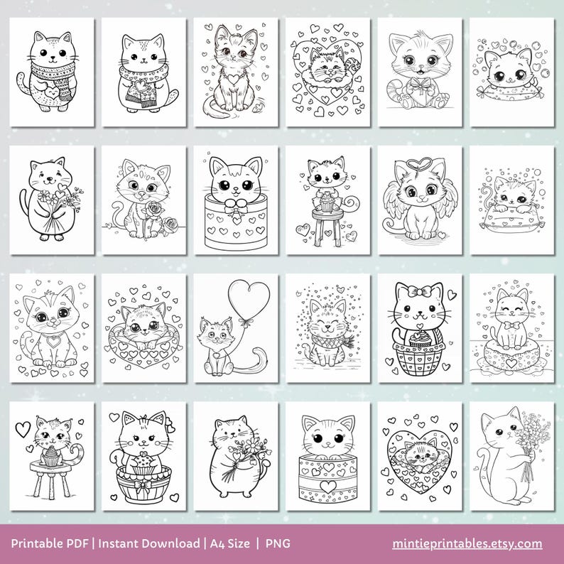 Kawaii Valentines Cat Coloring Pages, Printable Preschool Valentines Day Activities, Toddler Coloring Book, Fun Kids Activity, Cat Coloring