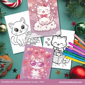 Kawaii Valentines Cat Coloring Pages, Printable Preschool Valentines Day Activities, Toddler Coloring Book, Fun Kids Activity, Cat Coloring