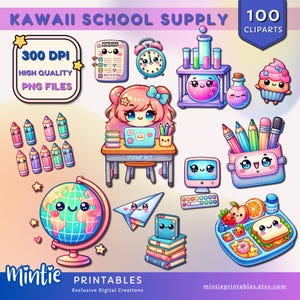 Kawaii Schule Versorgung 100 Clip-Arts PNG Kinder Handwerk Grundschule Lerngrafiken Zurück zu Schule Lehrgrafiken Illustration