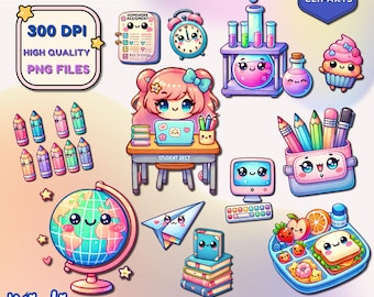 Kawaii School Supply Clipart: 100 PNG Graphics (Digital Download)