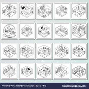 Cute & Comfy Spaces Coloring Book, Cozy Isometric Corner Coloring Pages, Cute Kawaii Pocket Rooms Coloring, Relaxing Activity for Adults
