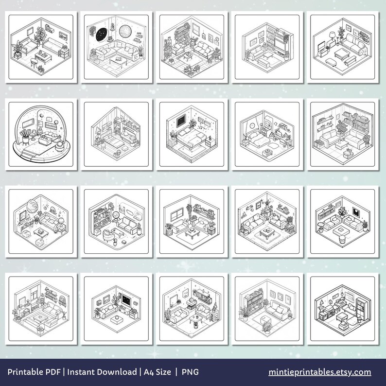 Cute & Comfy Spaces Coloring Book, Cozy Isometric Corner Coloring Pages, Cute Kawaii Pocket Rooms Coloring, Relaxing Activity for Adults