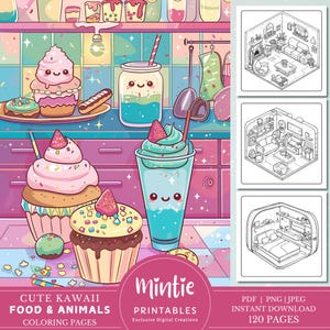 Cute Kawaii Food and Animals Coloring Book | Printable PDF | Instant Download | For Kids and Adults | Bold & Easy Coloring Pages | Doodles