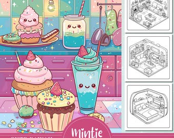 May include: A digital download coloring book cover featuring cute kawaii food and animal illustrations. The image showcases colorful cupcakes, a milkshake, and other treats. The cover also includes three black and white room illustrations. The text reads "CUTE KAWAII FOOD & ANIMALS COLORING PAGES".