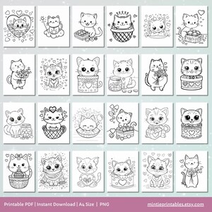 Kawaii Valentines Cat Coloring Pages, Printable Preschool Valentines Day Activities, Toddler Coloring Book, Fun Kids Activity, Cat Coloring