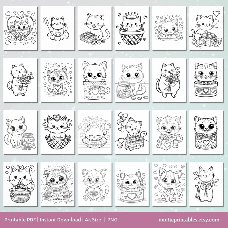 Kawaii Valentines Cat Coloring Pages, Printable Preschool Valentines Day Activities, Toddler Coloring Book, Fun Kids Activity, Cat Coloring