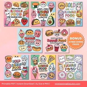 May include: A set of eight printable coloring pages featuring cute kawaii food illustrations. Each page has a different food item, such as a donut, ice cream cone, and a hamburger. The pages are designed in a bold and easy style, making them perfect for children to color.