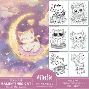 Kawaii Valentines Cat Coloring Pages, Printable Preschool Valentines Day Activities, Toddler Coloring Book, Fun Kids Activity, Cat Coloring