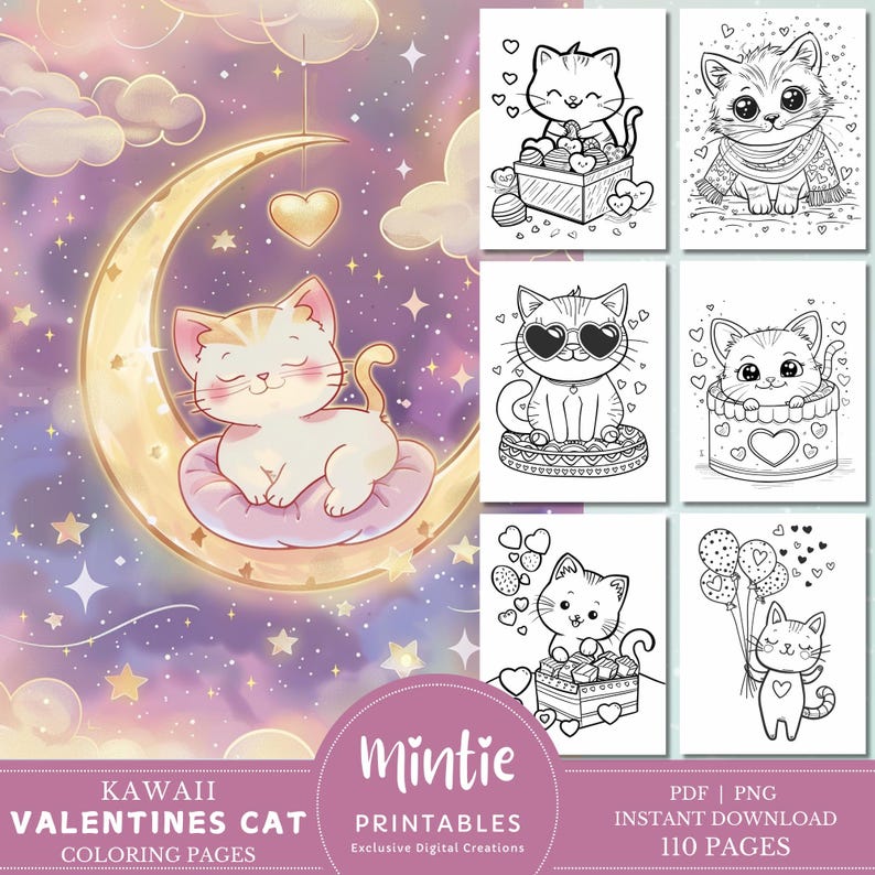 Kawaii Valentines Cat Coloring Pages, Printable Preschool Valentines Day Activities, Toddler Coloring Book, Fun Kids Activity, Cat Coloring