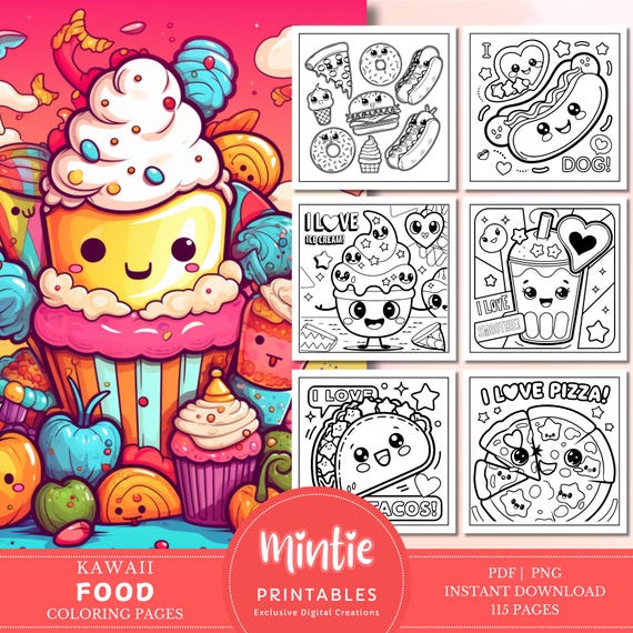 115 Cute Kawaii Food Coloring Book | Printable PDF | Instant Digital Download | For Kids and Adults | Bold & Easy Coloring Pages | Doodles