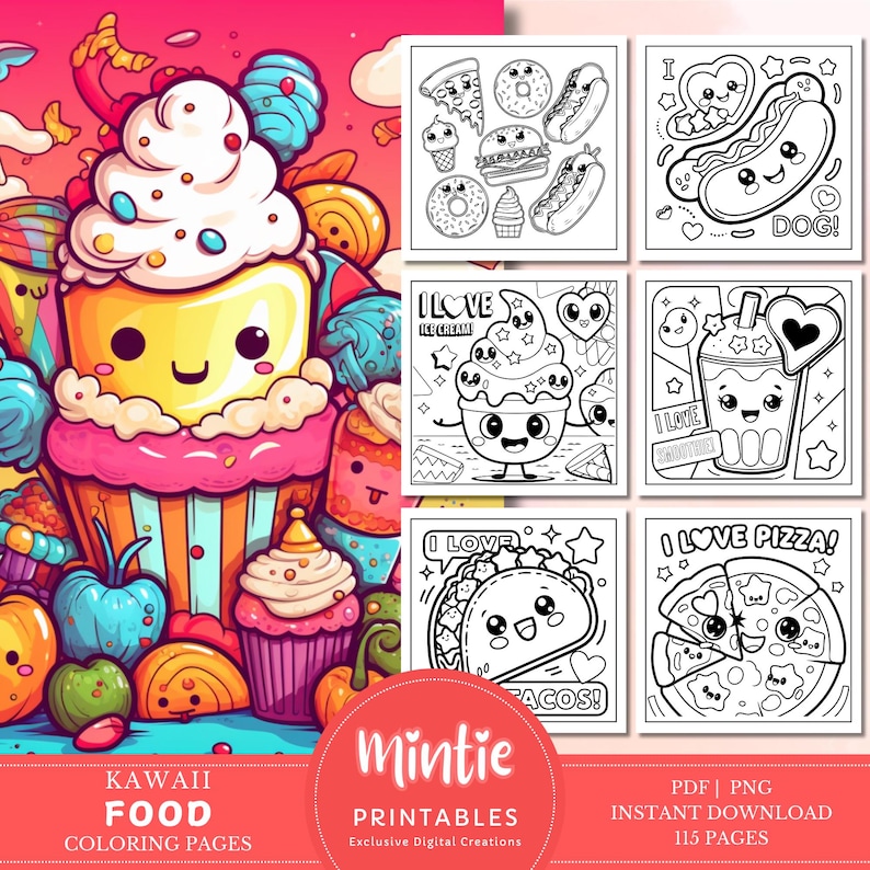 May include: A set of 115 black and white coloring pages featuring cute cartoon food characters. The pages include a cupcake, ice cream cone, hot dog, boba tea, taco, and pizza. The text on the pages says "I love ice cream", "I love tacos", "I love pizza", and "Dog!"