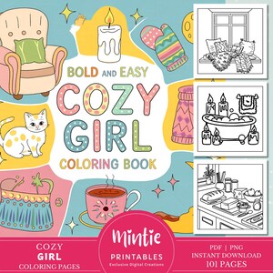 Cozy Girl Moments Coloring Book, Bold and Easy Cute Girl Coloring Pages, Simple Designs for Adults Teens Kids, Kawaii Girl Coloring Sheets