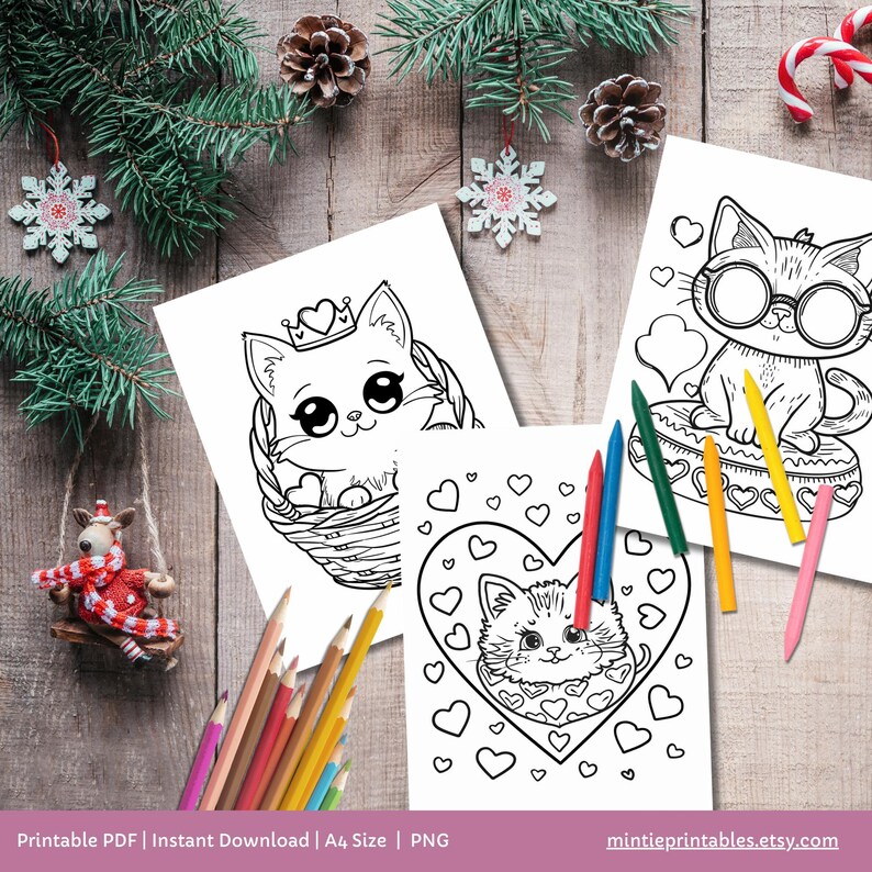 Kawaii Valentines Cat Coloring Pages, Printable Preschool Valentines Day Activities, Toddler Coloring Book, Fun Kids Activity, Cat Coloring