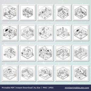 Cute & Comfy Spaces Coloring Book, Cozy Isometric Corner Coloring Pages, Cute Kawaii Pocket Rooms Coloring, Relaxing Activity for Adults