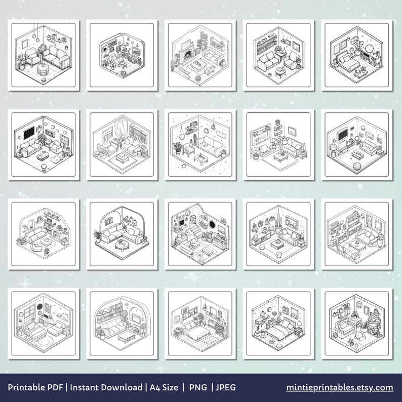 Cute & Comfy Spaces Coloring Book, Cozy Isometric Corner Coloring Pages, Cute Kawaii Pocket Rooms Coloring, Relaxing Activity for Adults