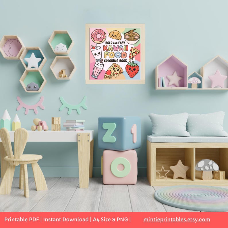 May include: A printable coloring book featuring a pink, yellow, and blue background with a variety of kawaii food illustrations. The title of the book is "Bold and Easy Kawaii Food Coloring Book".