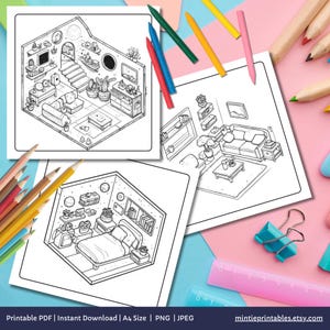 Cute & Comfy Spaces Coloring Book, Cozy Isometric Corner Coloring Pages, Cute Kawaii Pocket Rooms Coloring, Relaxing Activity for Adults
