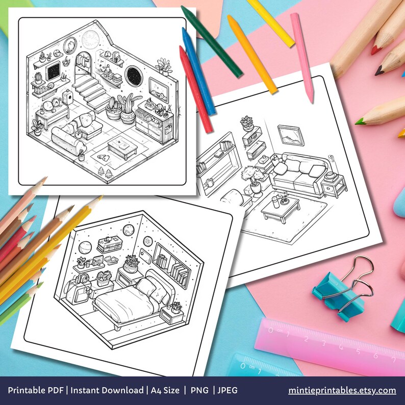 Cute & Comfy Spaces Coloring Book, Cozy Isometric Corner Coloring Pages, Cute Kawaii Pocket Rooms Coloring, Relaxing Activity for Adults