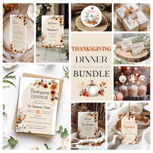 Thanksgiving Dinner Bundle Thanksgiving Invitation Canva Template Favor Tag Menu Place Gift Card Custom Sign Pumpkin Fall Autumn Rich Floral