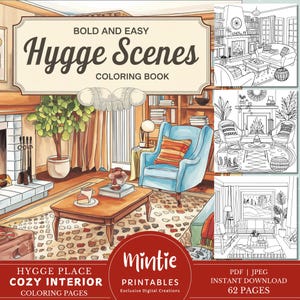 May include: A coloring book cover featuring a cozy living room scene with a fireplace, armchair, and coffee table. The title of the book is "Hygge Scenes Coloring Book" and the subtitle is "Bold and Easy". The cover also includes three smaller images of other cozy scenes.