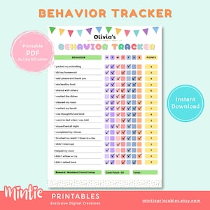 May include: A printable behavior tracker chart for kids with a colorful design. The chart includes a list of positive behaviors, a daily check-off grid, and a points system. The chart is titled "Olivia's Behavior Tracker" and includes a reward of "Weekend Forest Camp".