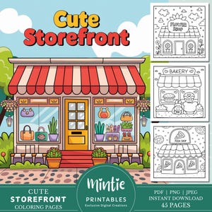 Kawaii Town Storefronts Coloring Pages for Adults, Cute Shop Coloring Book, Kawaii Storefronts Urban Sketch Coloring, Cupcake, Pizza, Donut