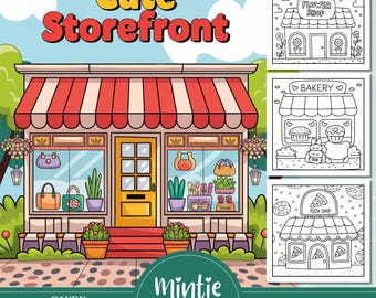 Kawaii Storefronts Coloring Book, Town, Urban Sketch (PDF)