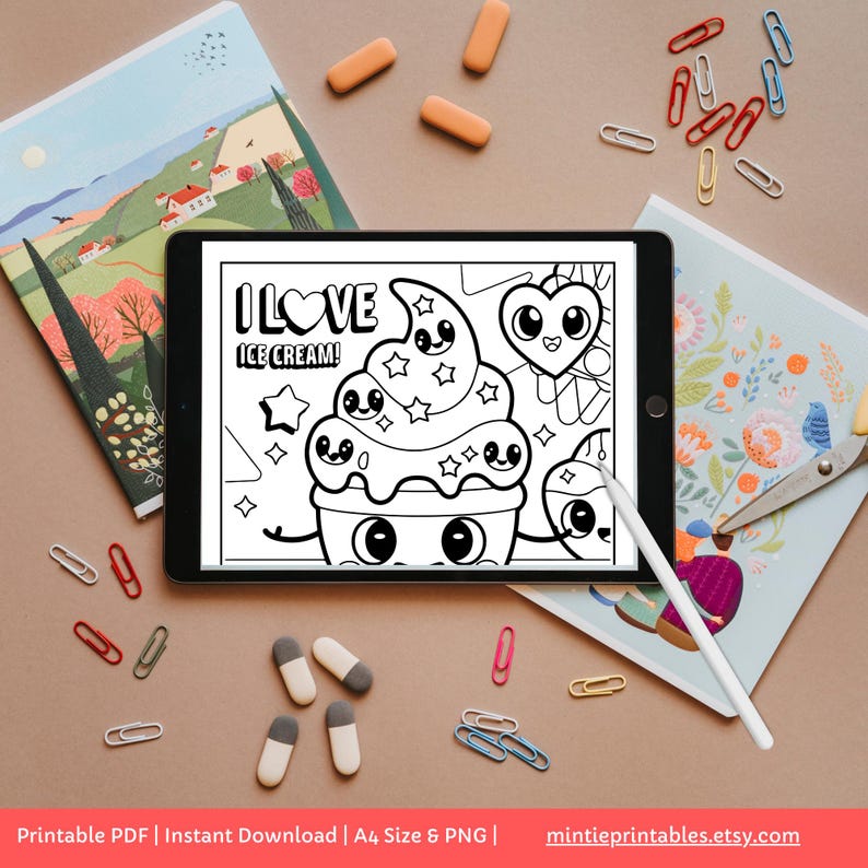 May include: A black and white printable coloring page featuring an ice cream cone with a heart and the text "I LOVE ICE CREAM!"  The ice cream cone has a cute face and is surrounded by stars.