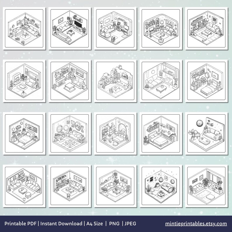 Cute & Comfy Spaces Coloring Book, Cozy Isometric Corner Coloring Pages, Cute Kawaii Pocket Rooms Coloring, Relaxing Activity for Adults