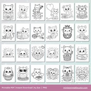 Kawaii Valentines Cat Coloring Pages, Printable Preschool Valentines Day Activities, Toddler Coloring Book, Fun Kids Activity, Cat Coloring