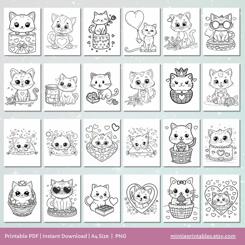 Kawaii Valentines Cat Coloring Pages, Printable Preschool Valentines Day Activities, Toddler Coloring Book, Fun Kids Activity, Cat Coloring