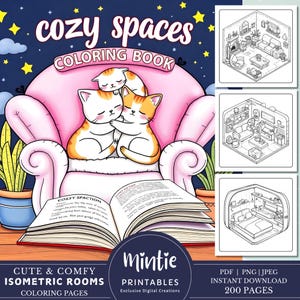 Op de afbeelding: Een kleurboek met een roze fauteuil en twee katten die er tegenaan knuffelen. Het boek heeft de titel "Cozy Spaces Coloring Book" en bevat schattige en comfortabele isometrische kamers. Het boek heeft 200 pagina's en biedt een directe download in PDF, PNG en JPEG-bestanden.
