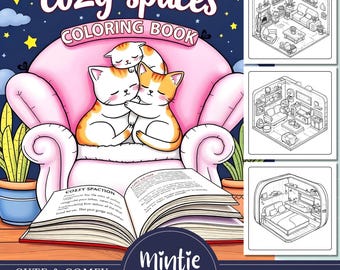 Cosy Spaces kleurboek, kawaii isometrische kamers (pdf-patroon)