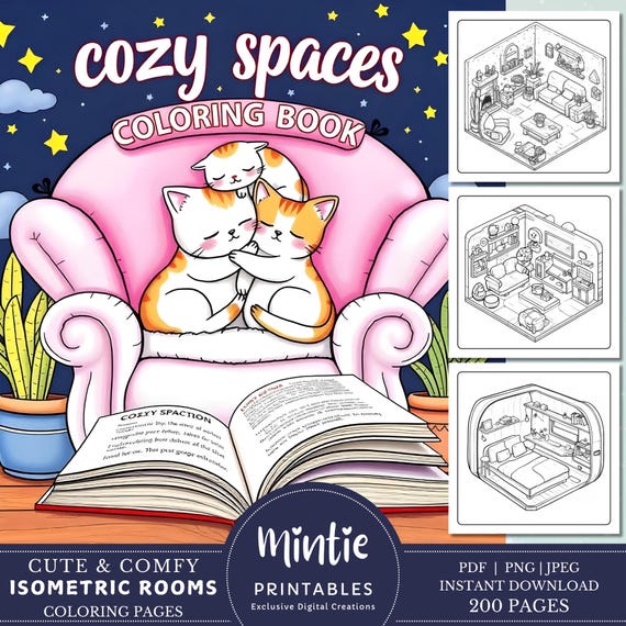 Cozy Spaces Coloring Book, Kawaii Isometric Rooms (PDF Pattern)