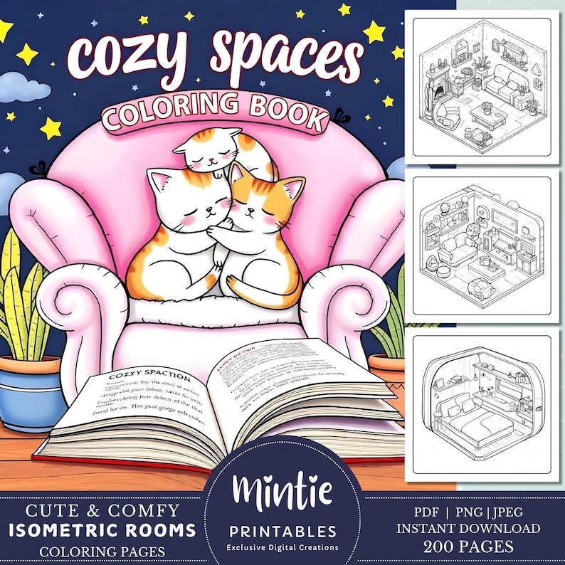 Cute & Comfy Spaces Coloring Book, Cozy Isometric Corner Coloring Pages, Cute Kawaii Pocket Rooms Coloring, Relaxing Activity for Adults