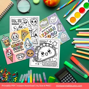 May include: A set of four printable coloring pages featuring kawaii food illustrations. The pages include a taco, ice cream, pizza, and a boba tea. The pages are designed for easy coloring and are perfect for kids and adults who love kawaii art.