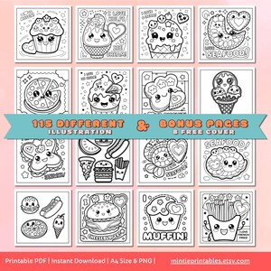 May include: A set of 115 black and white coloring pages featuring cute food illustrations. The illustrations include a variety of foods such as pizza, ice cream, sandwiches, french fries, and cheeseburgers. Each illustration has a cute face and is surrounded by hearts and stars. The text "115 Different Illustration & Bonus Pages 8 Free Cover" is at the top of the image.