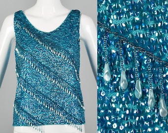 Small 1960s Blue Beaded Tank Vintage Sleeveless Blouse Sequin Top 60s Knit Top 60s Shell Blouse Teal Blouse