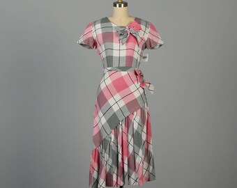 XS 1950s Dress Pink Plaid Cotton Sanforized Day Dress