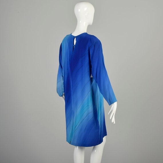 XL 1980s Blue Silk Dress Hand Painted Abstract Bl… - image 6