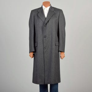 Large Vintage 1980s Overcoat Charcoal Grey Wool Buttoned Traditional Classic Business Professional Convertible Pocket Long Warm Winter Coat