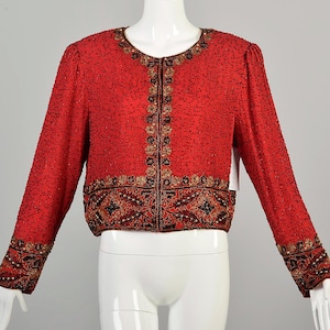 Large 1980s Vintage Red Silk Cropped Jacket Black and Gold Beading Lawrence Kazar Formal Cocktail Lightweight Party Top Elegant Fancy Jacket