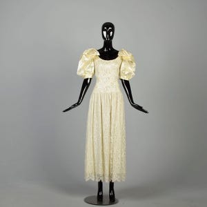 Small 1980s Jessica McClintock Ivory Dress Sequin Lace Puff Sleeve Drop Waist Prom Dress