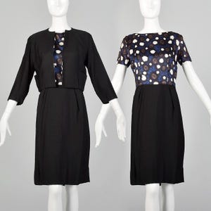 Ensemble robe noire années 60, veste courte assortie à manches 3/4 et poches plaquées, jupe crayon